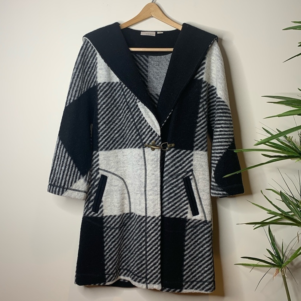 Kenar | Black White Wool Blend Color Pattern Block Hooded Cardigan Duster Coat S - Picture 3 of 16